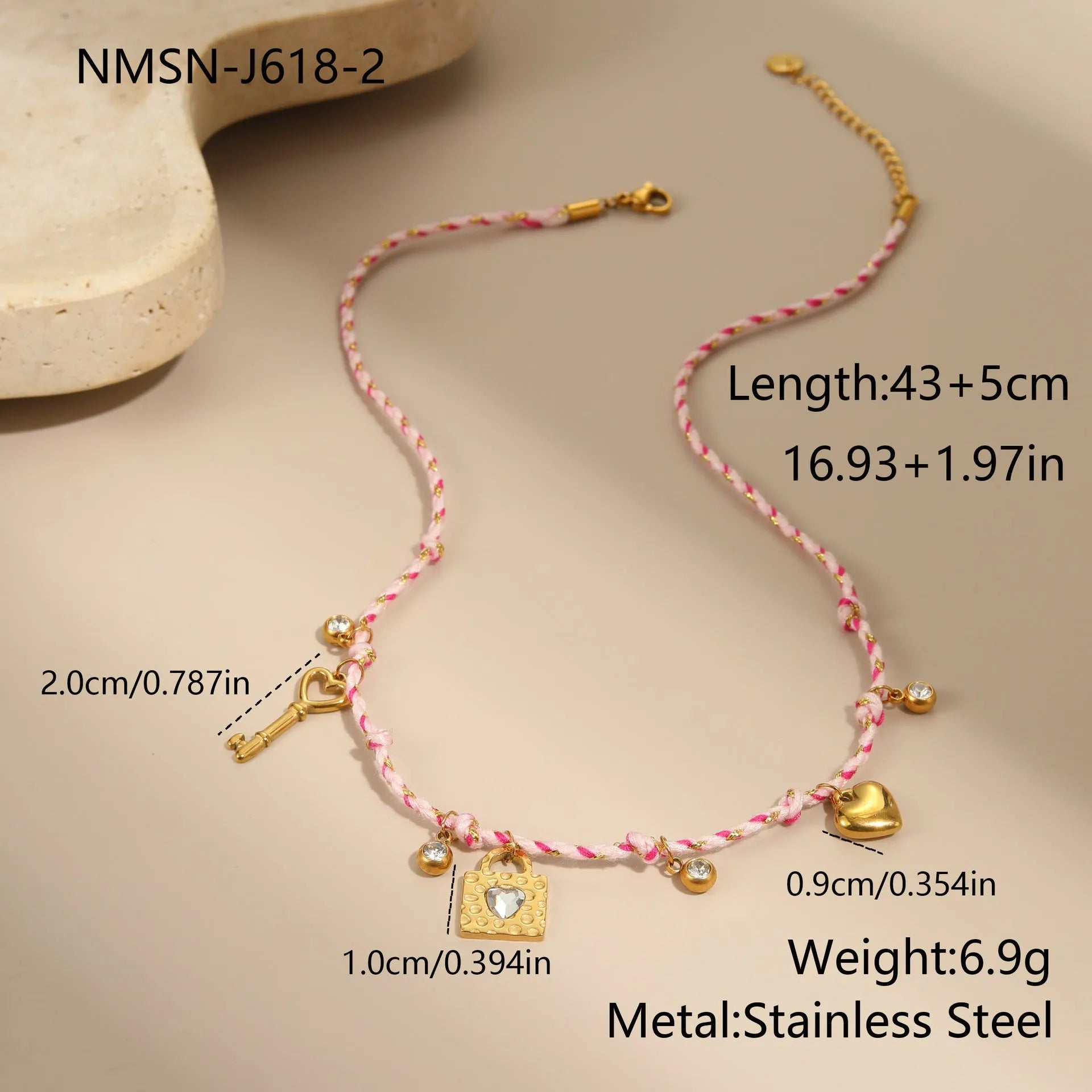 Titanium steel necklace with handmade colour braided rope and electroplated heart-shaped pendant