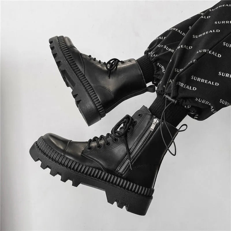 Black men's platform Dr Martens style boots with side zip and lace-up front, frosted leather exterior