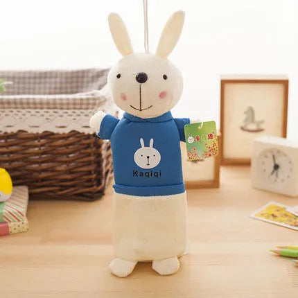 Large soft plush rabbit pencil case in multiple colours, shown with pens inside, dimensions 30cm by 14cm.
