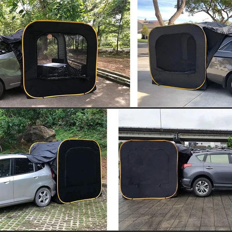 Black pop-up outdoor camping car tail tent with quick throw design unfolded to 200x200x200cm dimensions