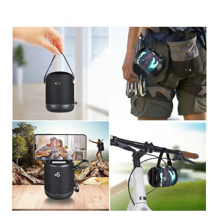 Portable wireless bluetooth speaker with leather case in black, blue, camouflage, grey, or red colour options.