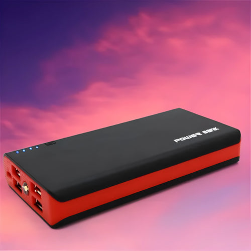 20000mAh portable power bank in red, blue, green, yellow or black colours showing charging ports