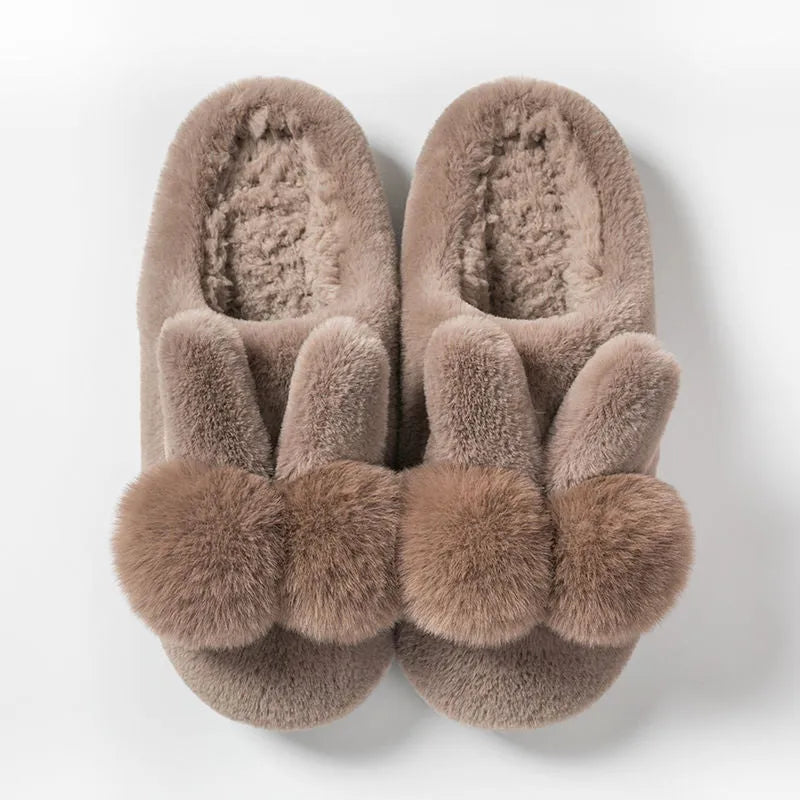 Bunny fluffy slippers with rabbit fur upper in coffee colour showing high shaft design