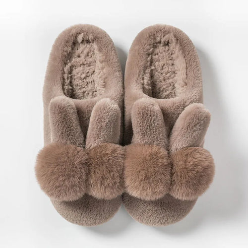 Bunny fluffy slippers with rabbit fur upper in coffee colour showing high shaft design