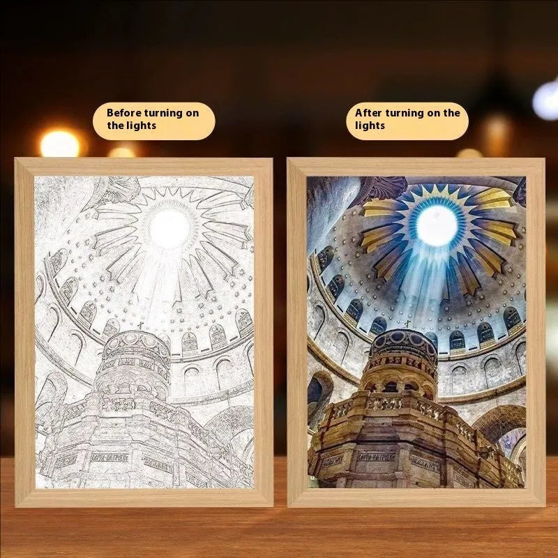 Modern rectangular LED photo frame displaying changeable sea scene artwork with built-in illumination