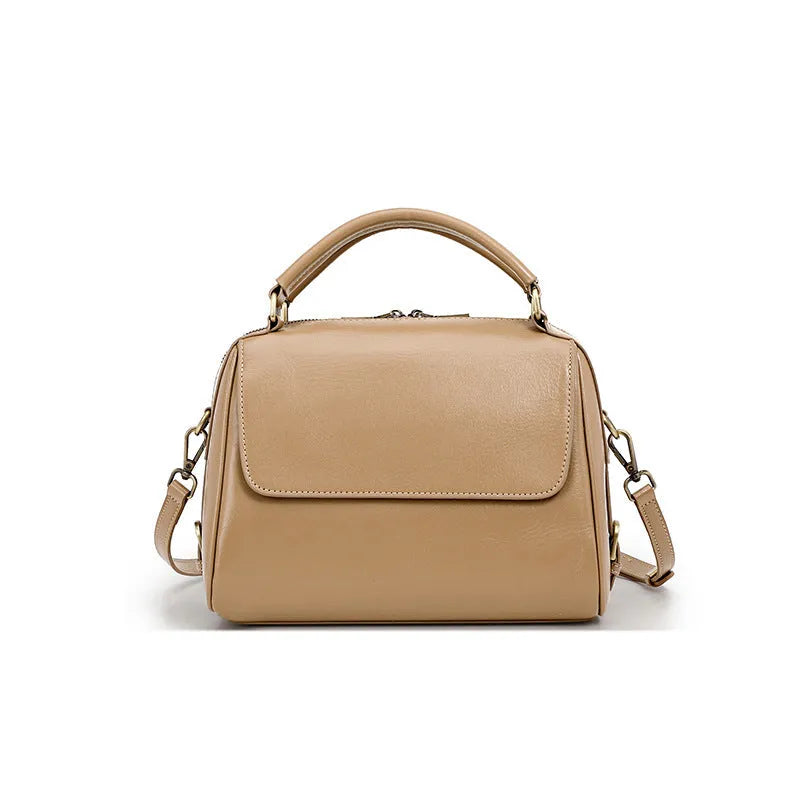 Women's genuine leather crossbody tote bag in cross-square shape with internal compartments and double shoulder straps