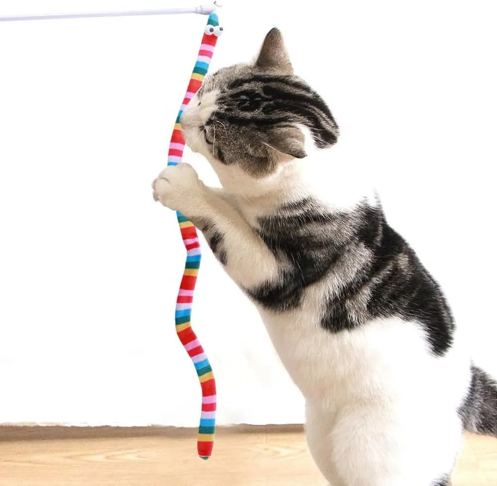 Cat wand toy with polycarbonate pole and plush strip in bright colours for interactive play