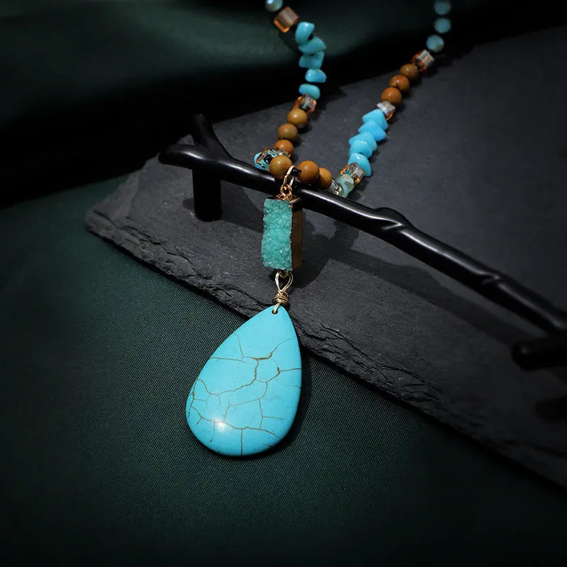 Blue turquoise drop pendant necklace on ball bead chain measuring 81cm