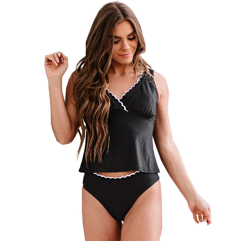 Black women's one-piece swimsuit with sleeveless split design