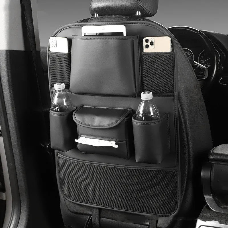 Genuine leather car seat back storage bag in four colour options hanging behind car seat