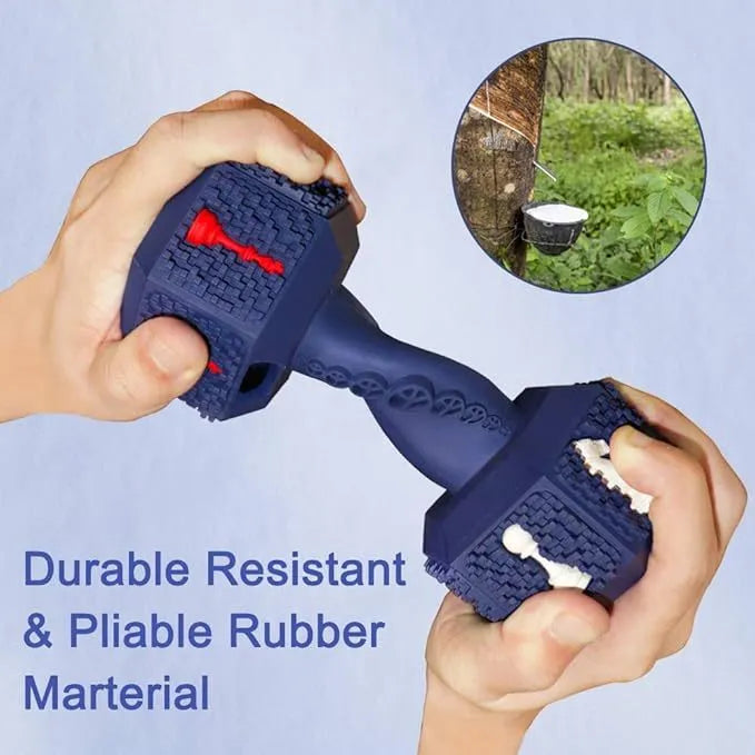Durable dumbbell-shaped dog chew toy in natural rubber with textured surface