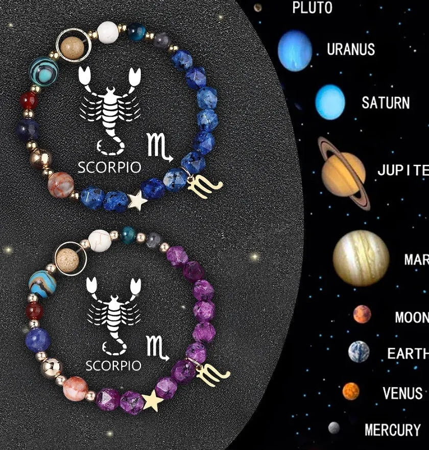 Set of two natural stone beaded bracelets with silver zodiac charms on an adjustable cord.