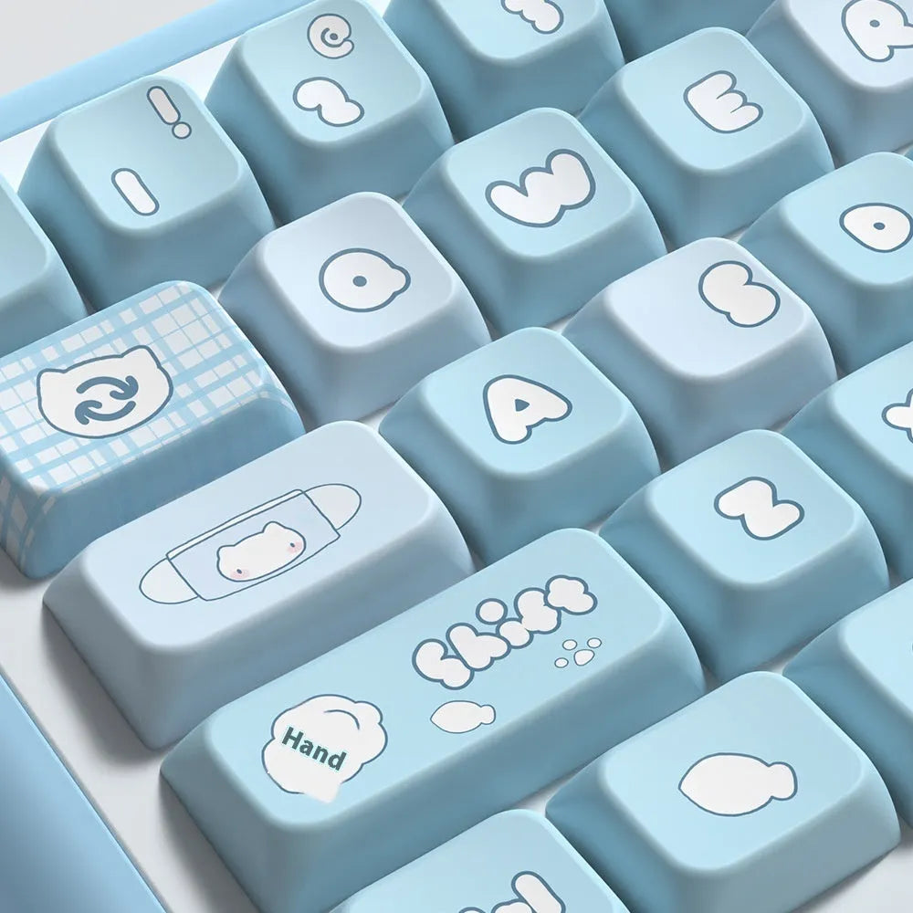 Watercolour kitten custom PBT keycap set for mechanical keyboards, showing 138-key and 158-key full set options