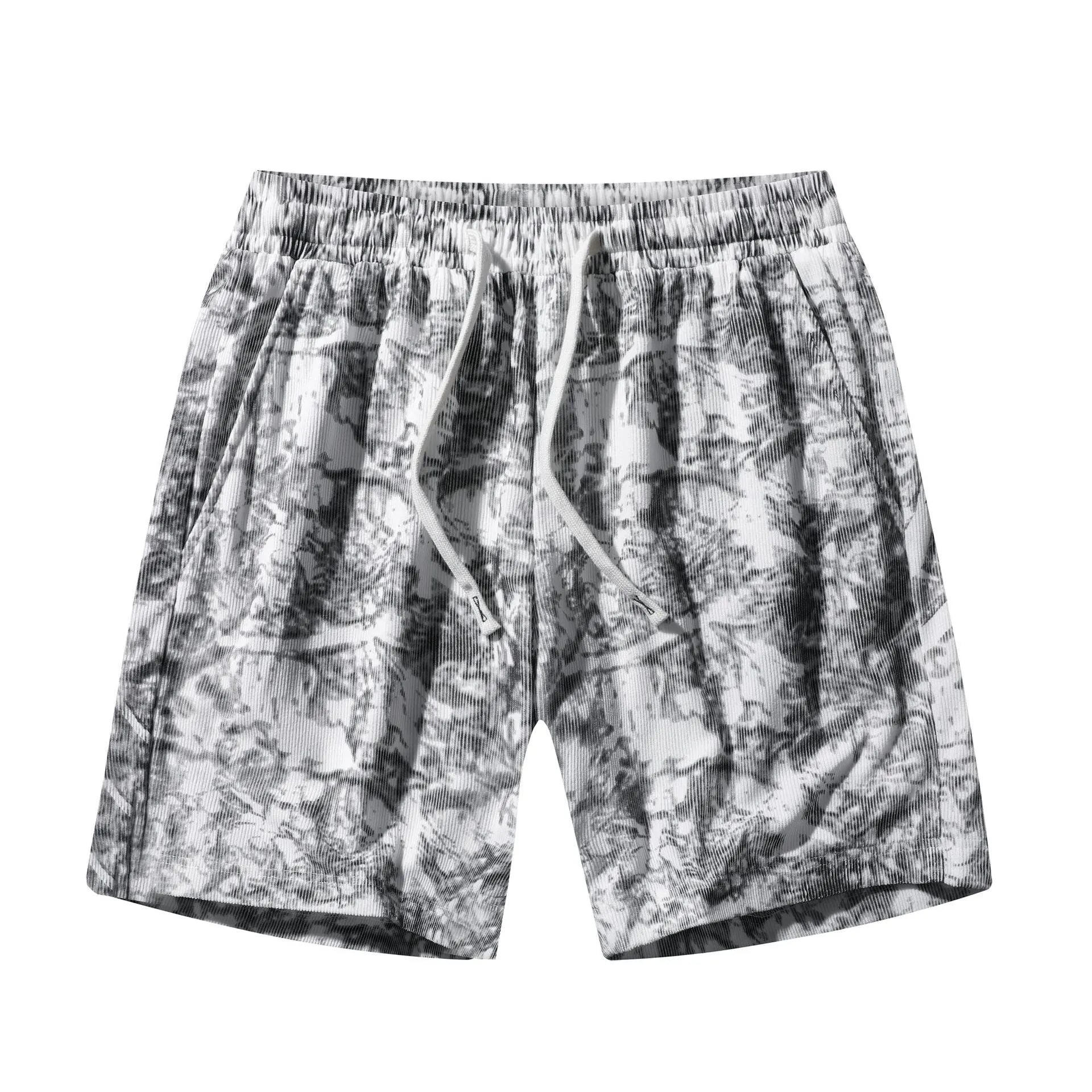 Men's camouflage pattern corduroy athletic shorts with a straight cut and high waist.