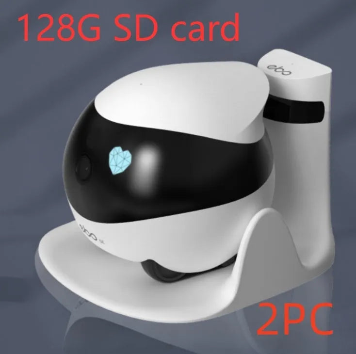 White smart home mobile surveillance robot camera on floor with docking station