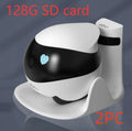 White smart home mobile surveillance robot camera on floor with docking station
