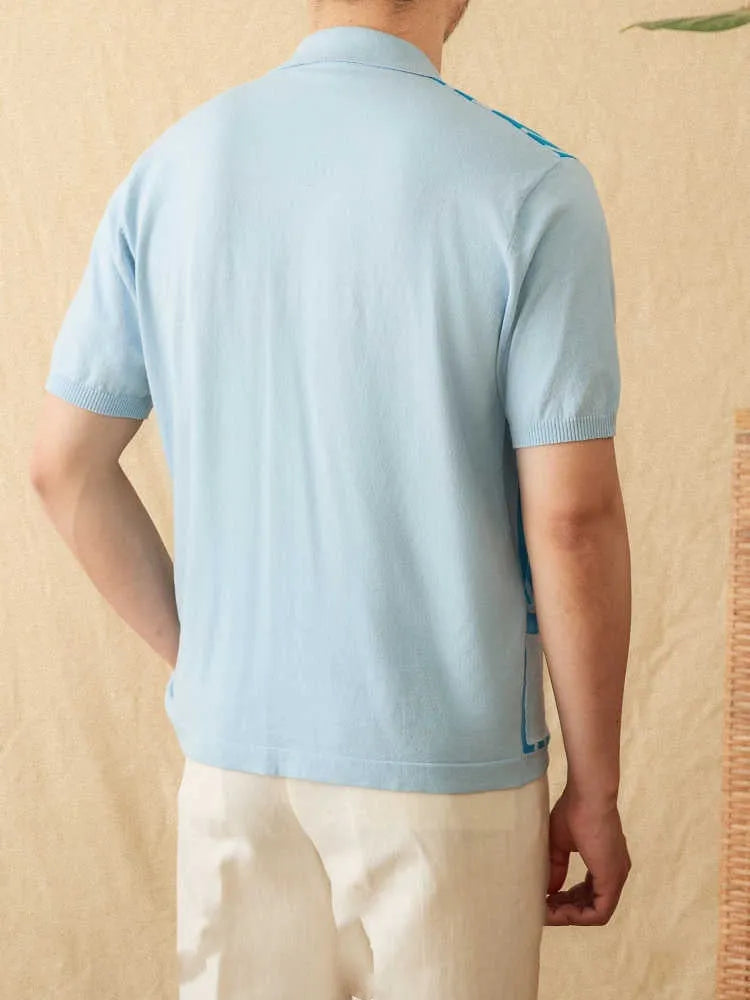 Cotton striped short-sleeved cardigan polo shirt with lapel collar in royal blue