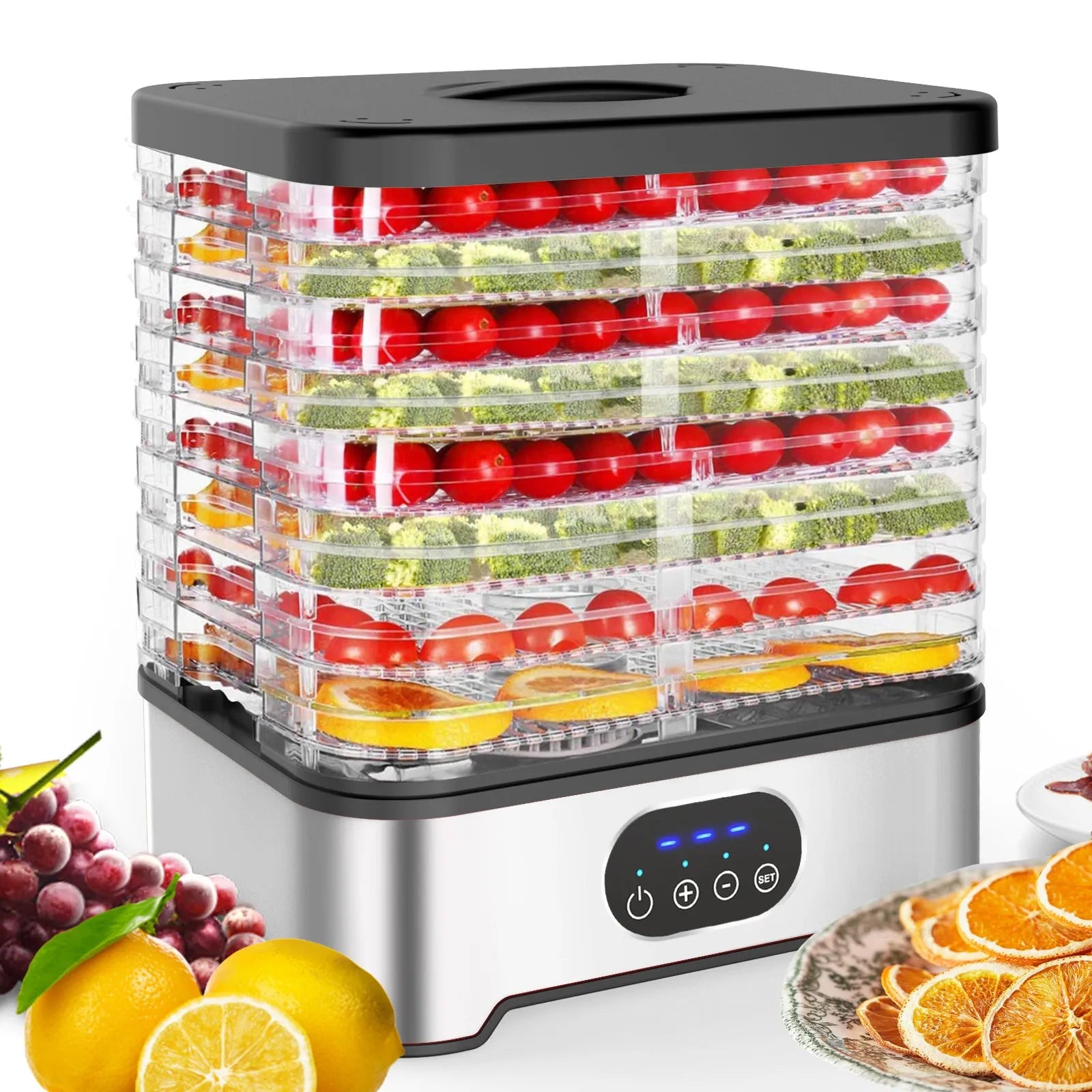 Eight-layer food dehydrator appliance in silver or red finish with collapsible design for compact storage