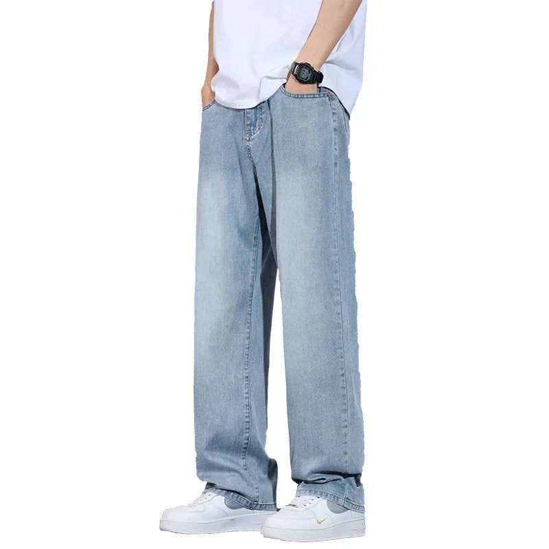 Ice silk denim wide-leg trousers straight casual style with zip placket fly opening
