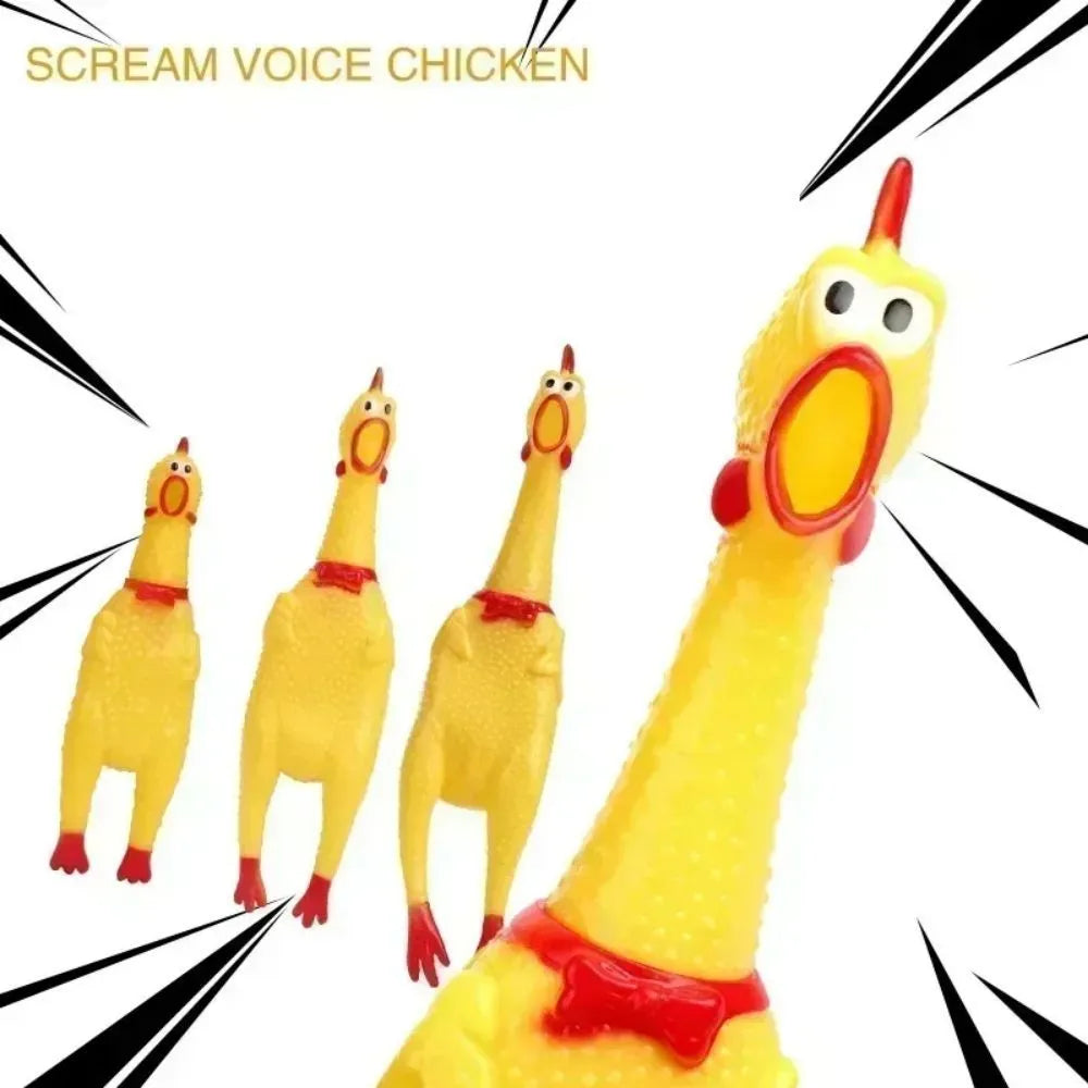 Yellow rubber screaming chicken dog squeaky toy shown in three sizes
