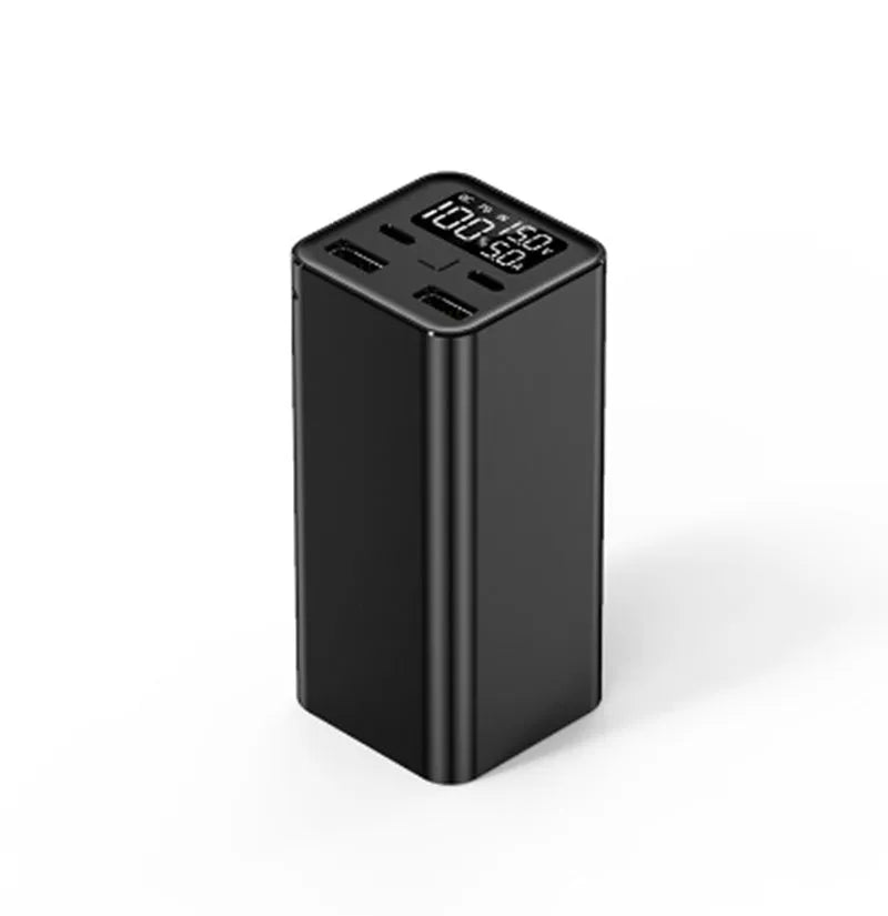 Black metal 65W laptop power bank with 20000mAh capacity showing USB ports