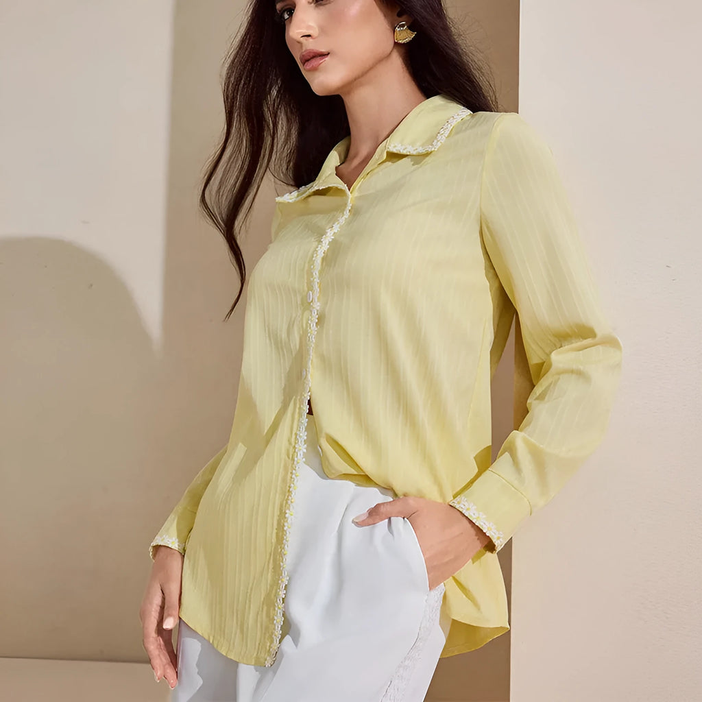 Yellow polyester lace cardigan top with long sleeves and stitching details
