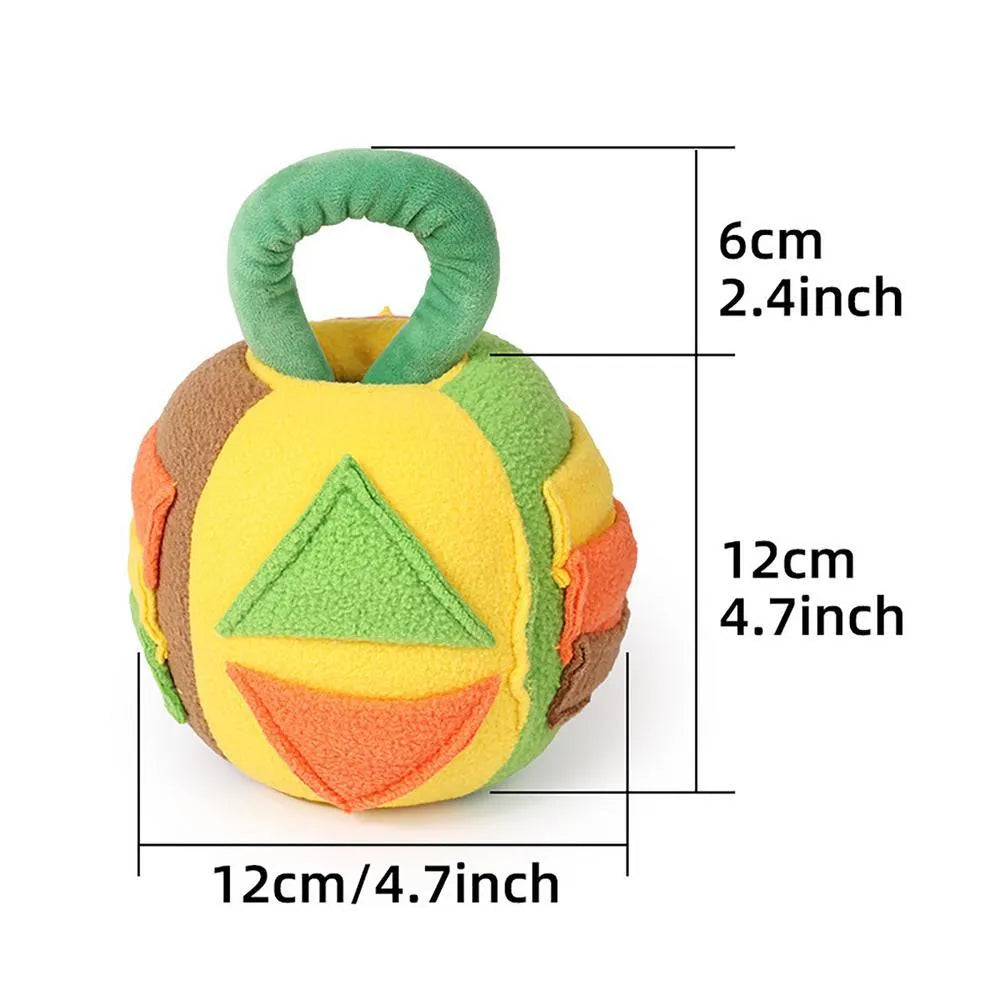 Green or pink polyester plush ball dog toy with treat pockets and a squeaker, shown next to dog treats.