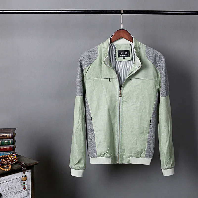 Men's thin linen jacket in lightweight cotton fabric available in blue, grass green, and heather grey colours