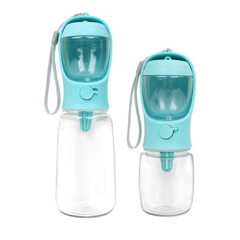 Blue portable plastic dog drinking cup with integrated bowl, showing dual-use design for outings.