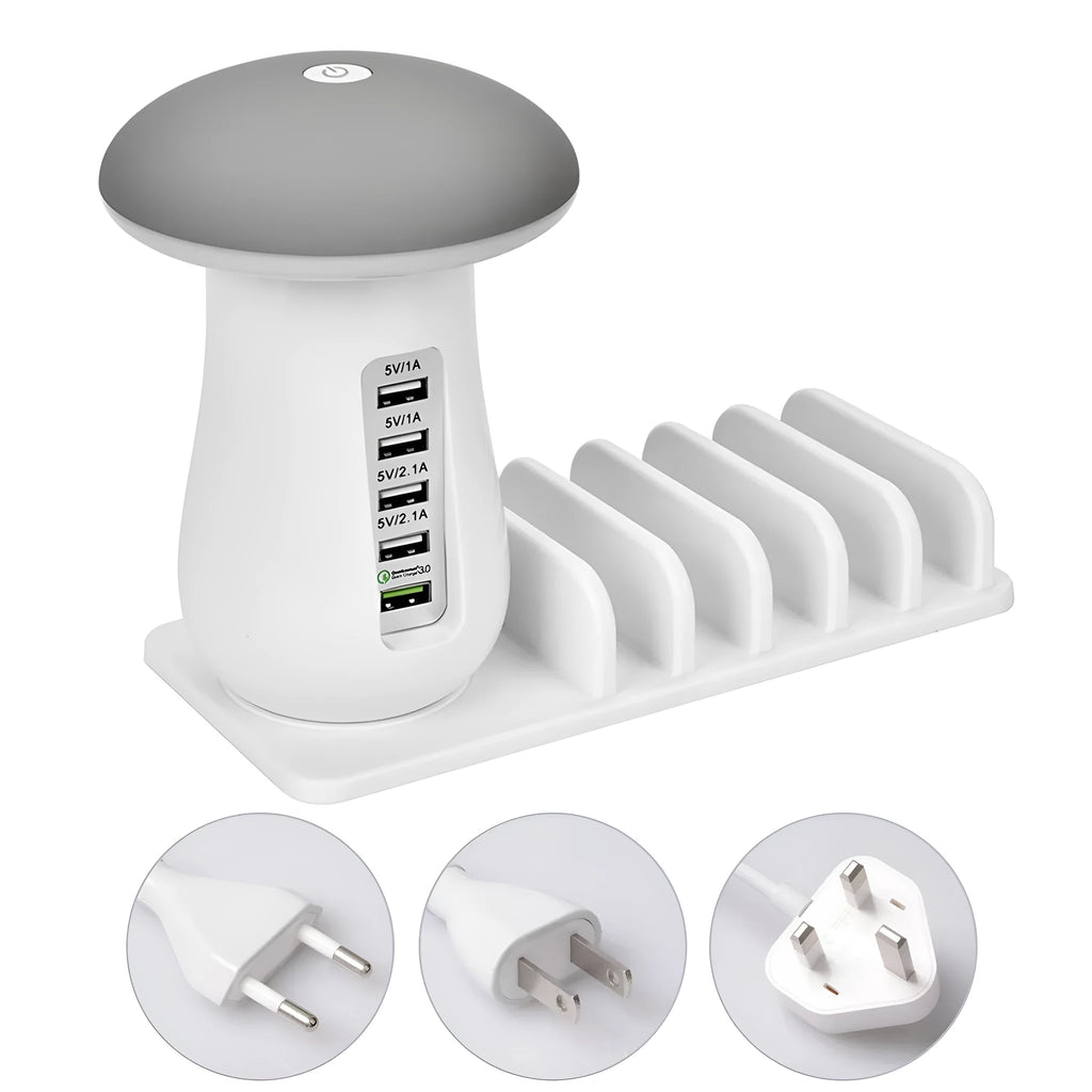 White mushroom-shaped LED desk lamp with a 5-port USB charging dock station at its base on a wooden table