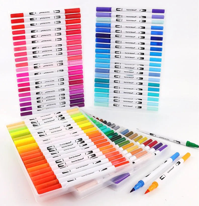 Set of watercolour pens with vibrant coloured barrels for drawing and painting.