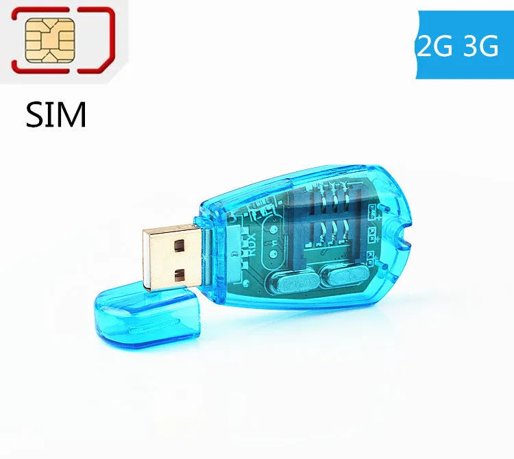 Blue USB mobile phone SIM card reader for data backup and editing on computer.