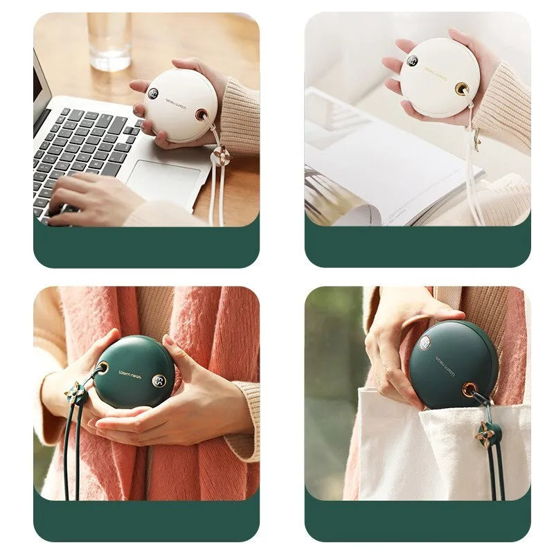 Green hand warmer power bank with digital display showing battery percentage and temperature settings