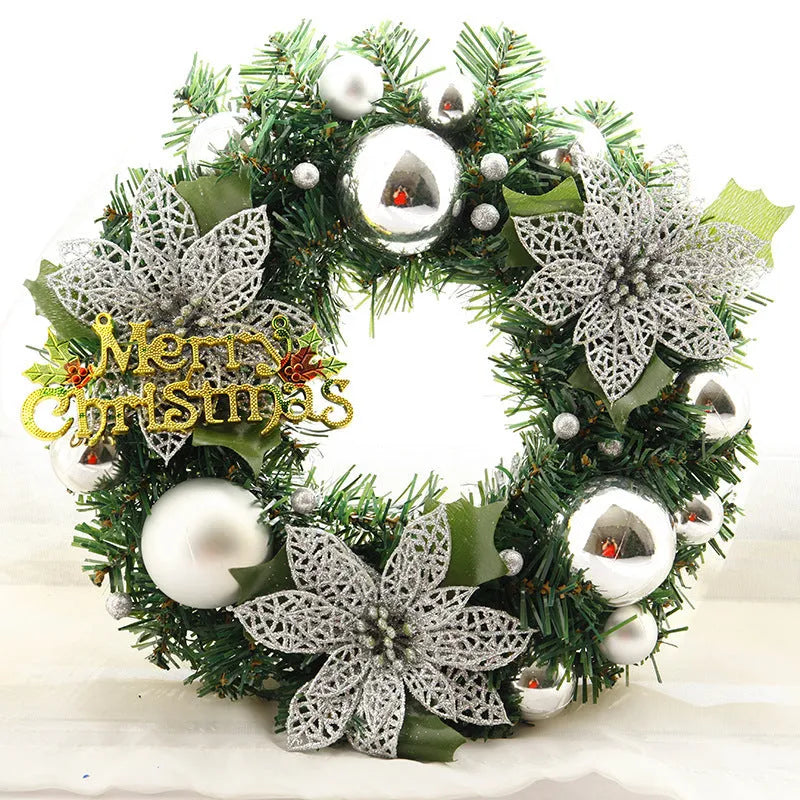 30cm multicolour plastic Christmas wreath hanging on door with blue, gold, pink, purple, red and silver colour options