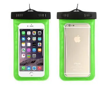 AQUA-ONE transparent waterproof phone pouch in assorted colours, showing phone inside.