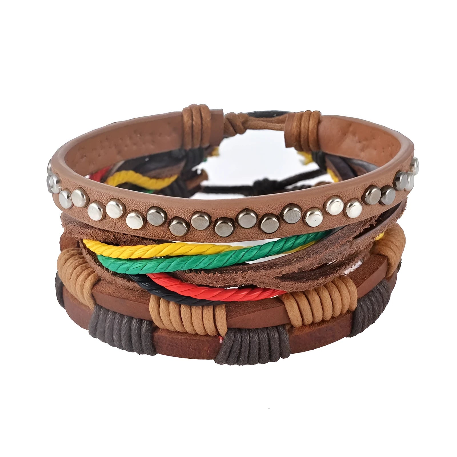 Adjustable leather bead bracelet with hand-woven construction and vintage punk design