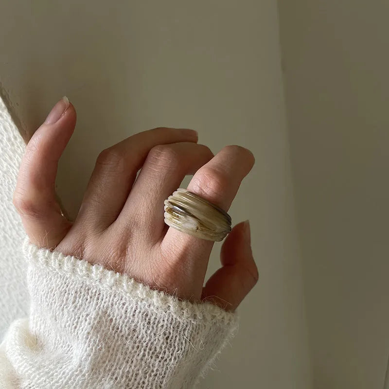 Chinese style irregular geometric resin wide ring in three neutral colours