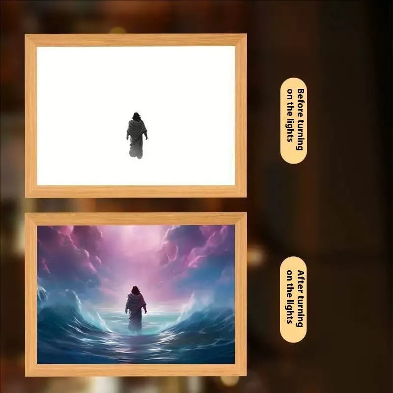 Modern rectangular LED photo frame displaying changeable sea scene artwork with built-in illumination