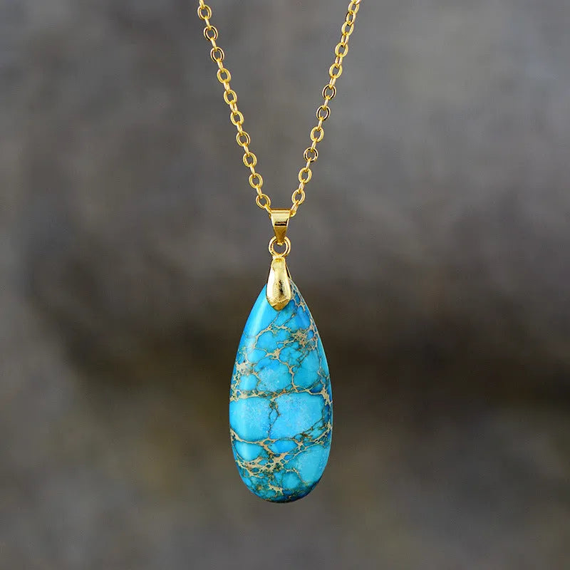 Emperor Stone jade water drop pendant on an 18K gold-plated chain, showing colour options.