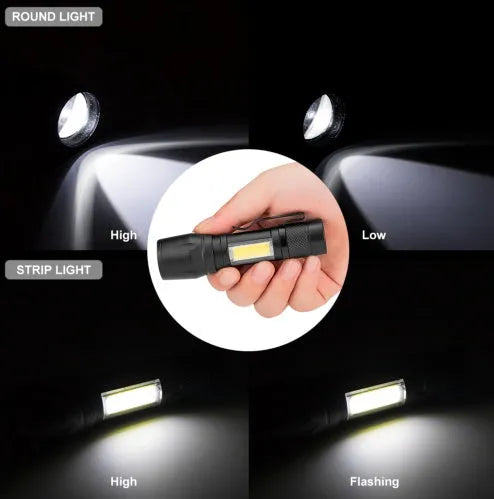 Black aluminium mini LED flashlight with telescopic zoom and belt clip showing three lighting modes