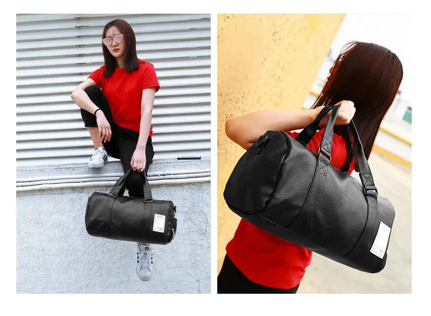 Black waterproof sports fitness bag with diagonal straps and separate internal shoe compartments.