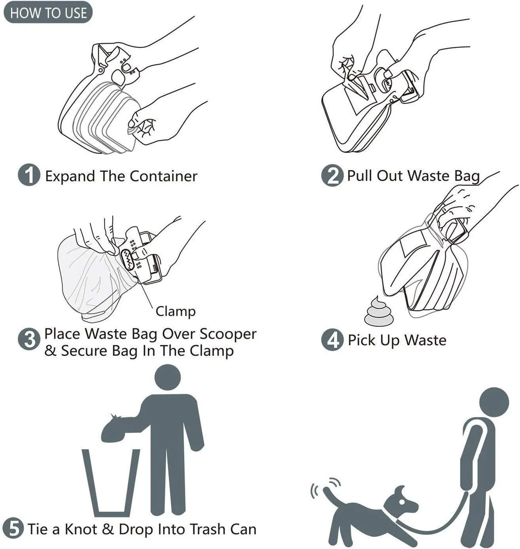 Blue portable dog pooper scooper with clip, bag dispenser, and unfolded waste container.