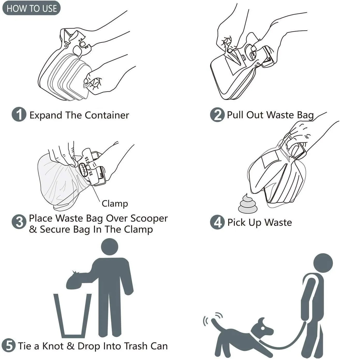Blue portable dog pooper scooper with clip, bag dispenser, and unfolded waste container.