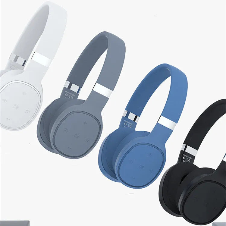 Wireless Bluetooth headset in black, blue, grey, or white colour with over-ear design.