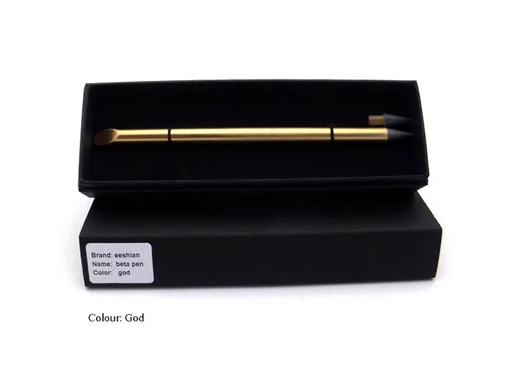 Silver inkless metal pen with spare nib and pen bag on a table.