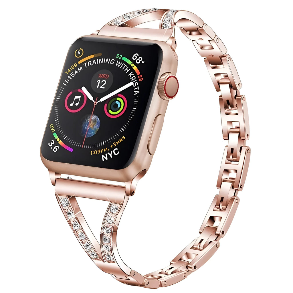 Stainless steel Apple Watch strap with diamond detailing in various colour options