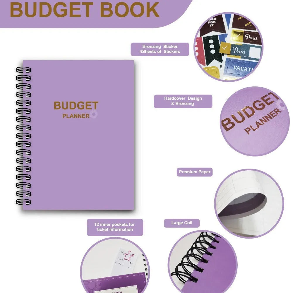Purple coil-bound financial planning notebook with budget stickers and paper clips