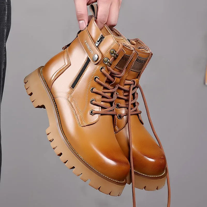 Men's light brown leather Martin boots with side zipper and thick rubber sole