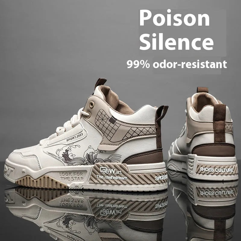 Men's high-top casual board shoes in beige, white, and blue with flat rubber soles and lace-up front