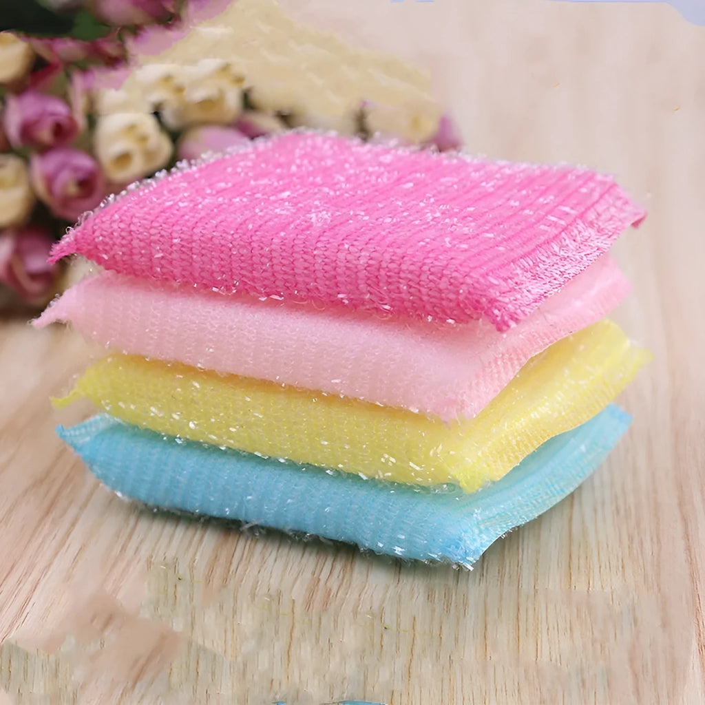 Pinstripe fabric dishwashing spong mop in macaron colours showing sponge, plastic, and silk thread construction.